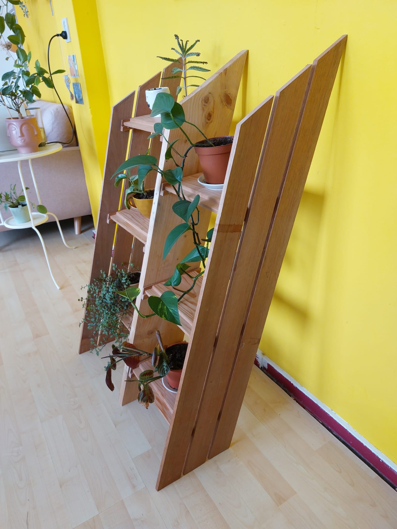 Een staand planten rek met 3 lagen. Gemaakt tijdens de workshop Groene vingers.