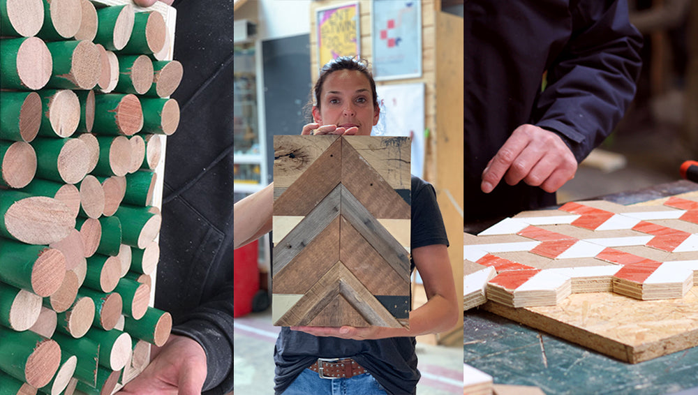Drie verschillende hout mozaïeken.